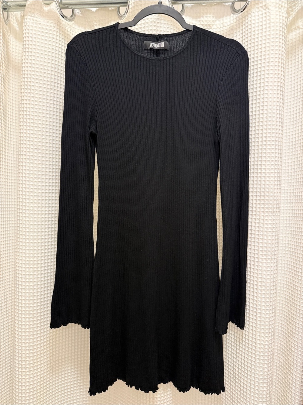Reformation Black Ribbed Long Sleeve Flared Mini Dress - size S